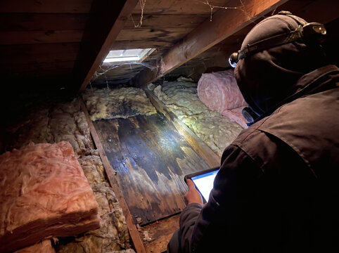 Home inspector in protective mask with headlamp checking attic roof leak water damage and mold on plywood insulation using tablet for building inspection report
