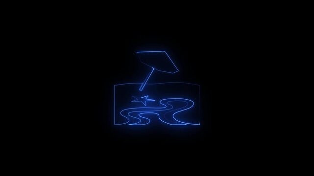 Neon beach umbrella and starfish outline animation on black background, glowing