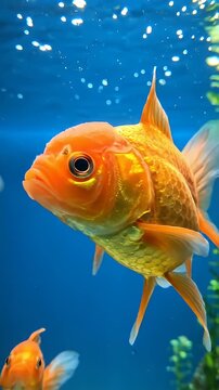 Close-up Underwater View of a Swimming Goldfish - A detailed close-up shot captures a vibrant orange goldfish swimming gracefully through clear, bright blue water.