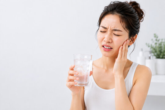 Young Asian woman examining her gums with a handheld mirror, looking concerned about oral health, gingivitis and dental care in a bright minimalist bathroom. Copy space for healthcare advertising.