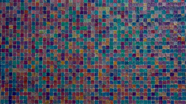 Dark multicolored square mosaic tile pattern with painted texture