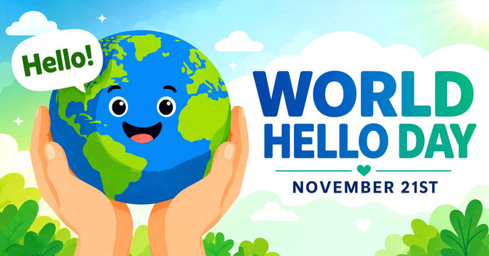 Cute smiling earth character with hands celebrating world hello day on november twenty first illustration