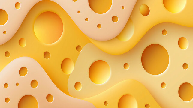 Abstract yellow and beige wavy layers with circular holes resembling cheese.