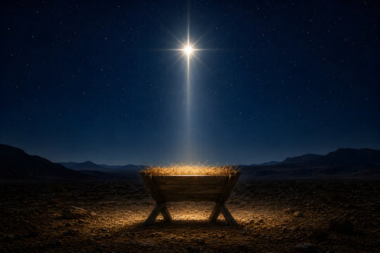 A nativity scene with empty manger and a bright star at night with Christmas concept