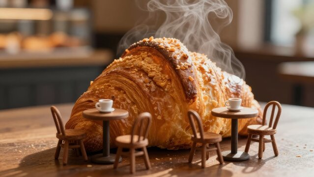 Giant Croissant with Miniature Cafe Tables and Chairs on Tabletop
