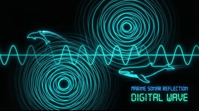 Marine Sonar Visualization Showing Dolphins and Whales with Sound Waves