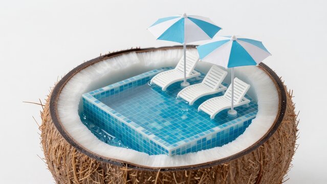 Miniature Pool Inside Coconut Shell with Loungers and Umbrellas