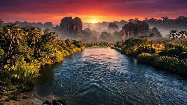 Breathtaking Sunset Over The Lush Essequibo River Jungle