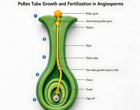 Pollen Tube Growth and Fertilization in Angiosperms Botanical Educational Infographic
