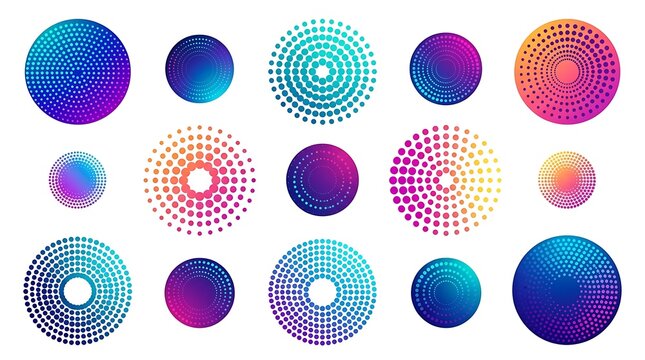 Vibrant halftone circle elements featuring colorful radial dot patterns arranged in diverse geometric sets displayed elegantly isolated on white background