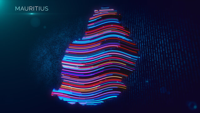 Futuristic Mauritius map illustration with multicolor glowing flowing lines, 3D extruded surface, digital particle grid, cinematic light effects, and Mauritius text on a modern technology background.