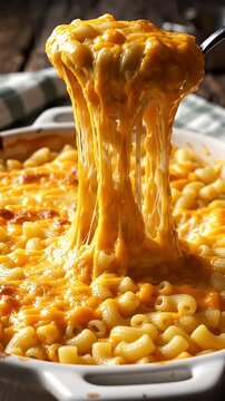 Delicious Homemade Macaroni and Cheese with Stretchy Cheese Pull - A close-up shot captures a spoonful of creamy, homemade macaroni and cheese being lifted, showcasing the irresistible melted cheese