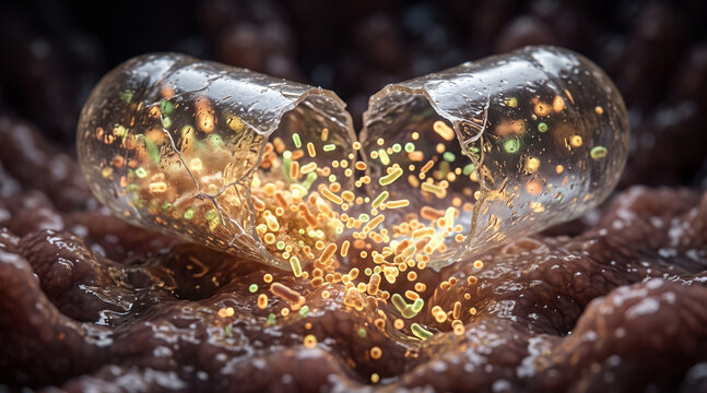 Open transparent capsule releasing glowing probiotic bacteria particles inside intestine.