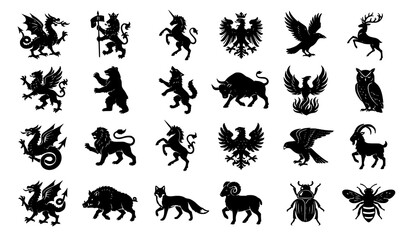 Naklejka premium Heraldic Mythical Creature Silhouette Vector Set for Coat of Arms and Emblem Design