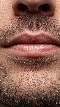 Extreme Close Up of Man's Lips and Facial Hair - An extreme close-up shot focuses on a man's lips and the detailed texture of his skin, complemented by sparse facial hair.