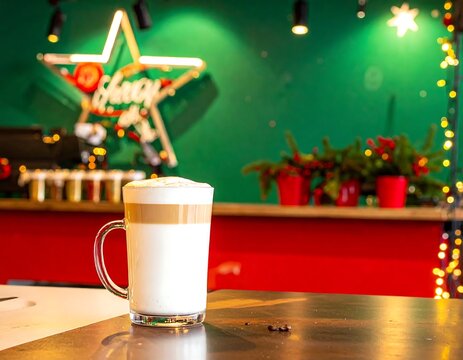 Glass mug of layered latte coffee in a festive Christmas cafe interior.