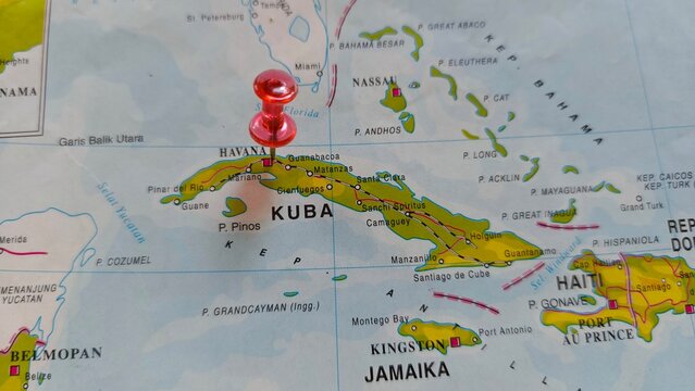 Red Push Pin Marking Cuba and Havana on Caribbean Political Map Concept of Travel Destination Location Tracking and Geopolitics