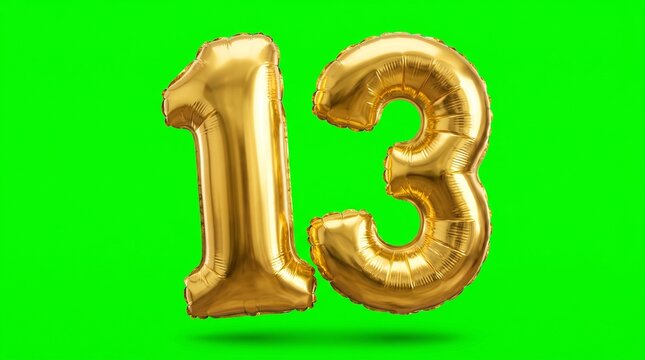 Gold number thirteen balloon for celebration. Festive party decoration with shiny metallic numerals.