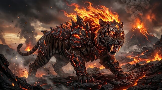 Fierce volcanic tiger with flaming mane and obsidian armor stalks through burning lava landscape isolated on white background