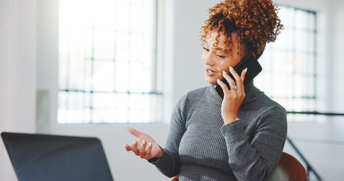 Phone call, laptop and businesswoman in office with communication on lease agreement with negotiation. Cellphone, computer and real estate agent on mobile discussion for property listing in workplace