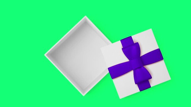 Top View 3D White Gift Box Opening with Purple Ribbon Bow on Green Screen Background Motion Graphic animation.