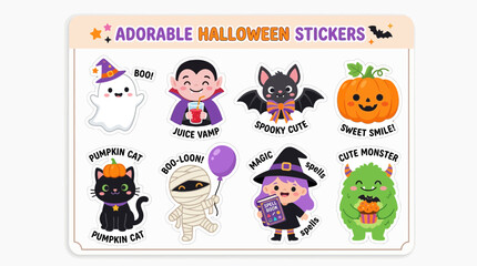 Fototapeta premium Halloween stickers featuring cute cartoon monsters and festive characters provide a decorative collection for seasonal celebrations.