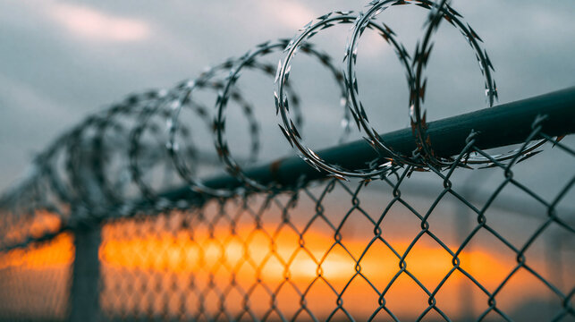 Barbed wire fence silhouette against glowing orange sunset sky symbolizing restriction and security.