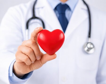 Doctor holding a red heart shape representing health and heart care