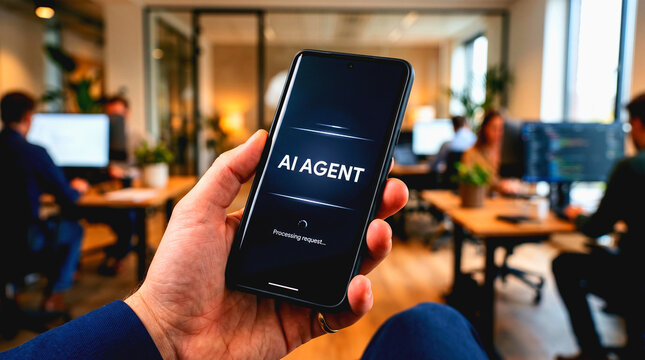 Person holding a smartphone with AI agent interface in a modern office