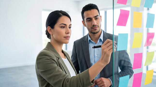 Diverse business professionals brainstorming strategy with colorful sticky notes on a glass wall in a modern office
