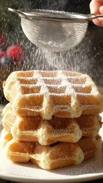 Golden Waffles Dusted with Powdered Sugar - A stack of freshly baked golden waffles is being dusted with powdered sugar from a sieve.