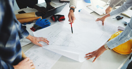 Obraz na płótnie Canvas Architect, team and hands in office with blueprint, brainstorming and technical drawing of building. People, meeting and floor plan in workplace for construction guide, layout design or architecture.