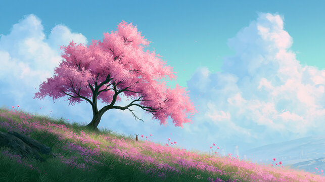 Beautiful pink cherry blossom tree on green grassy hill landscape under blue sky.