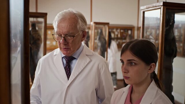 Senior Caucasian male professor explaining anatomical specimen to young Caucasian female student in university museum. Footage is suitable for medical education and training videos