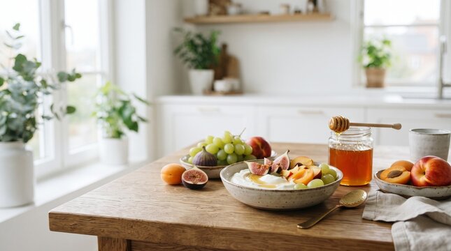 Healthy breakfast bowl with fresh fruit and honey on a rustic wooden table