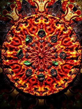 Kaleidoscopic pizza topping mosaic, tessellated shapes, rich textures, appetizing detail,  mosaic,  arrangement