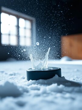 Midnight ice symphony, puck meets stick in a silent, explosive bloom of glacial dust,  game,  explosion