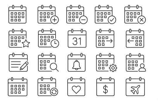 Set of calendar and date planner line icons on white background isolated on white background