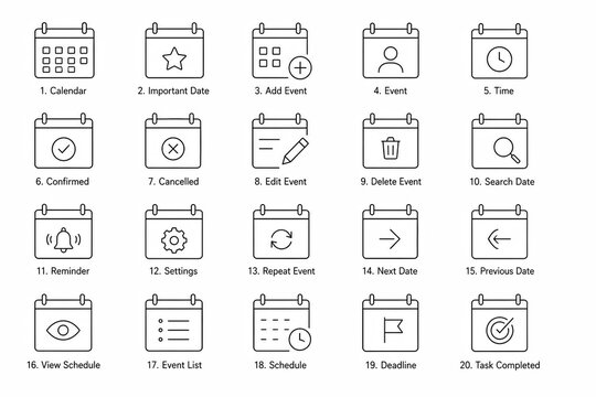 Set of simple black calendar date icons for business planning and scheduling isolated on white background