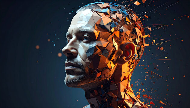 Profile of a Man Face Breaking into Geometric Polygons Symbolizing Mental Health and Artificial Mind
