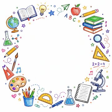 School supplies circle frame with colorful education icons on white background isolated on white background