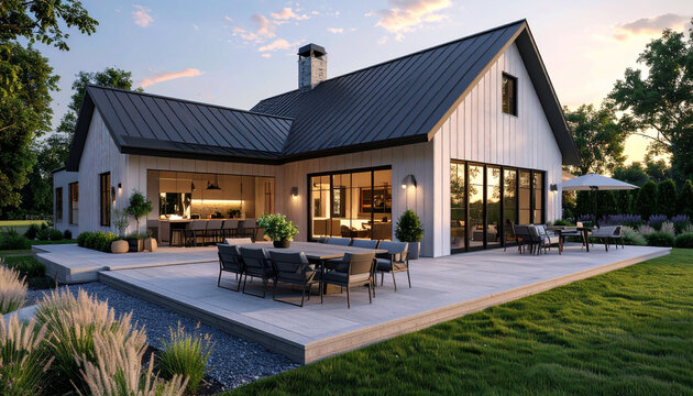 Modern Luxury Farmhouse with Large Outdoor Terrace and Dining Area at Sunset in Green Garden Landscape