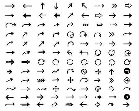 Set of black arrow icons pointing in many different directions isolated on white background