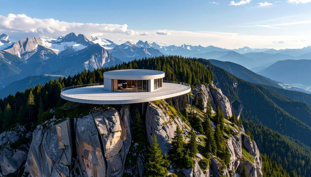 Modern Circular Luxury Villa Perched on a Rocky Mountain Peak with Panoramic Views of Snowy Alps