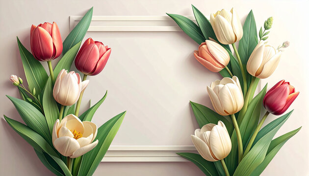 Elegant Floral Background with Red and Cream Tulips Surrounding a Blank Frame for Copy Space