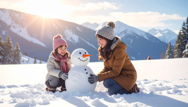 Happy Mother and Daughter Building a Snowman in Snowy Mountain Landscape During Winter Vacation