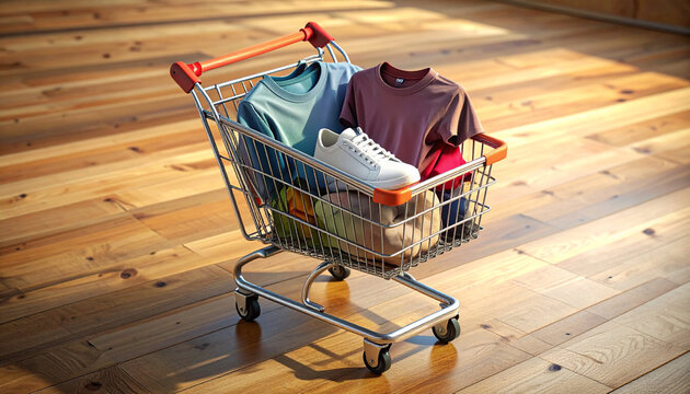 Metal shopping cart filled with casual apparel and white sneakers on sunlight wooden floor indoor