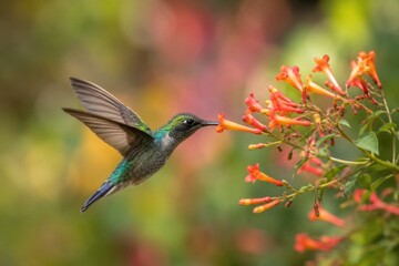 Obraz premium Hummingbird hovering in air drinking nectar from red tropical flowers in lush garden.