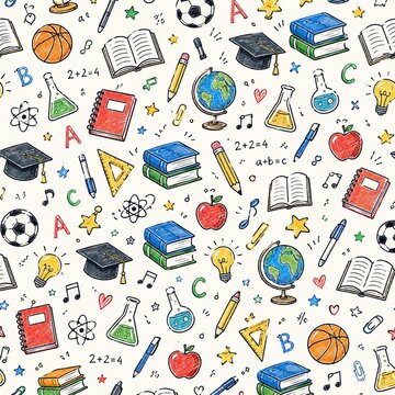 Seamless pattern with colorful school supplies and education icons isolated on white background