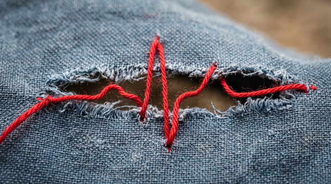 Red thread showing a heartbeat on ripped denim fabric, symbolizing health and resilience.